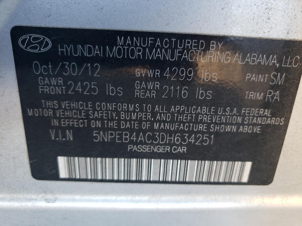 5NPEB4AC3DH634251 2013 Hyundai Sonata Gls