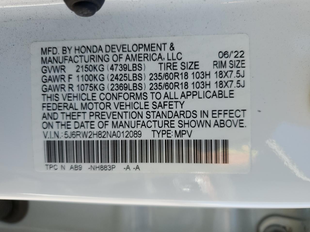 2022 Honda Cr-V Exl VIN: 5J6RW2H82NA012089 Lot: 76385684