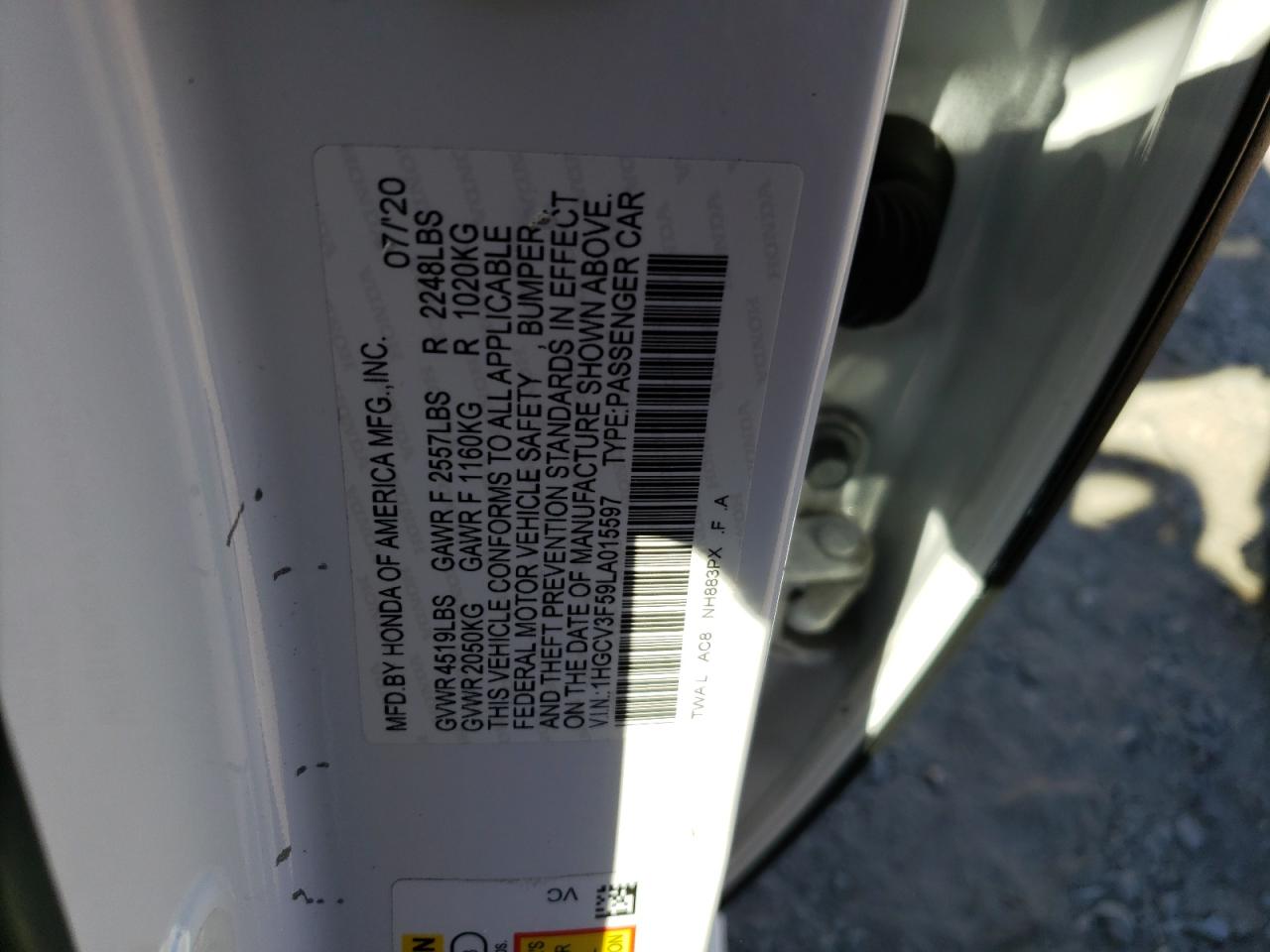 1HGCV3F59LA015597 2020 Honda Accord Hybrid Exl