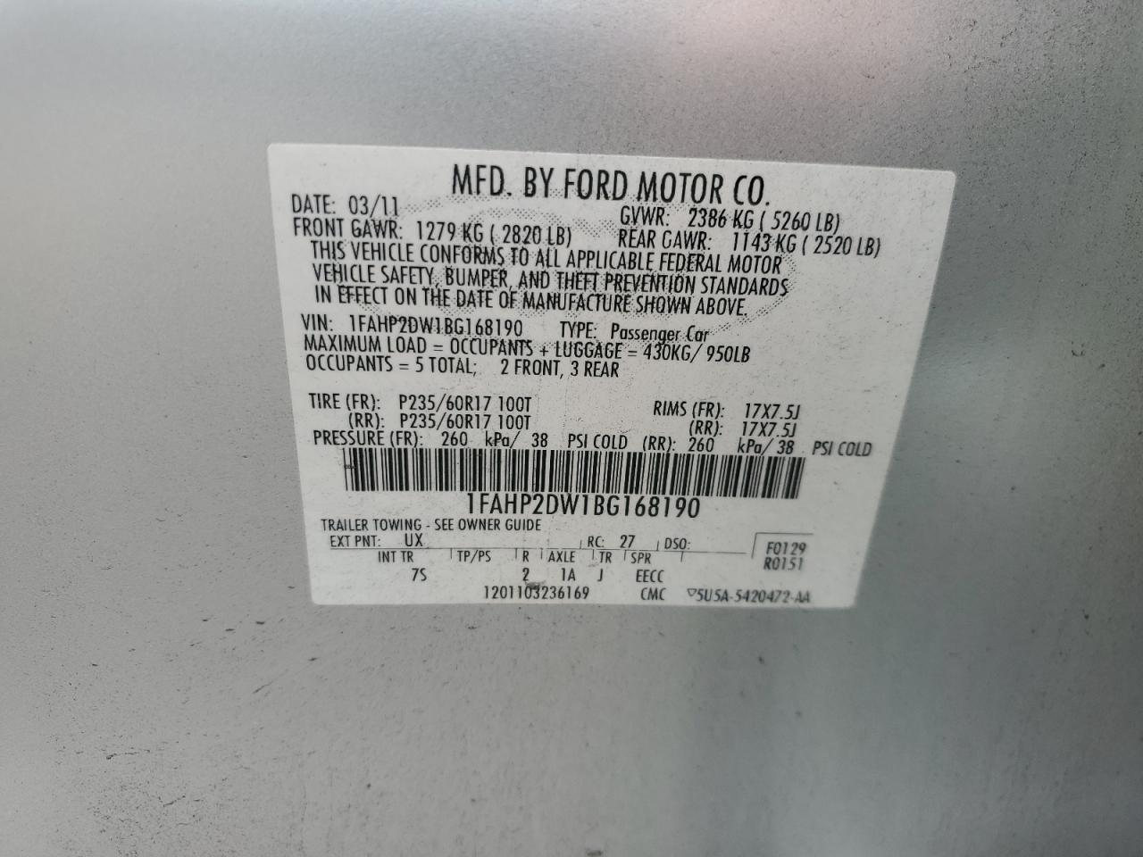 1FAHP2DW1BG168190 2011 Ford Taurus Se