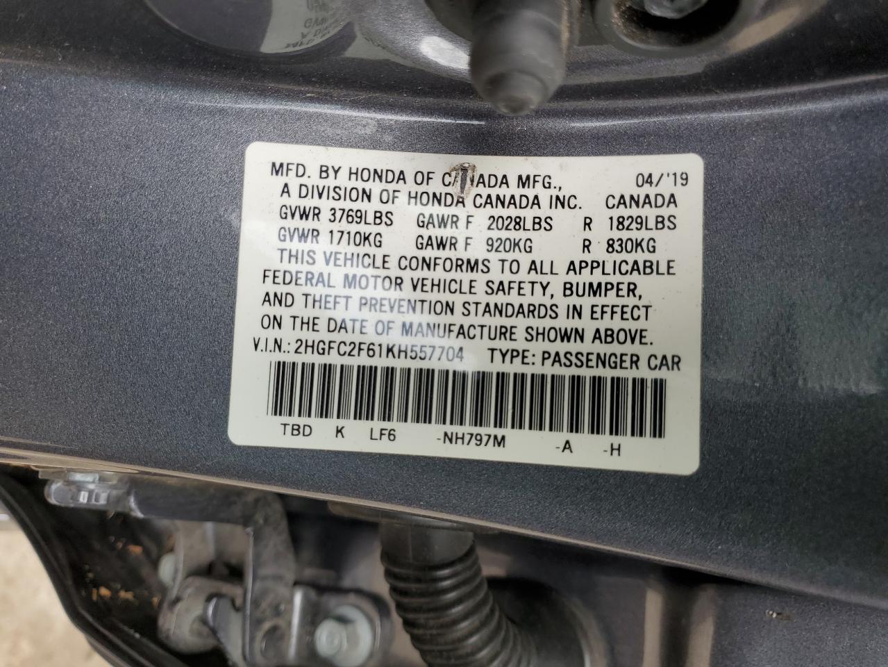 2HGFC2F61KH557704 2019 Honda Civic Lx