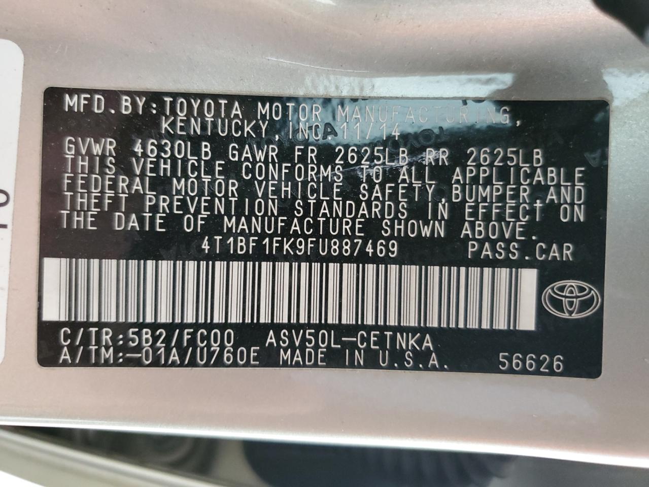 2015 Toyota Camry Le VIN: 4T1BF1FK9FU887469 Lot: 78856644