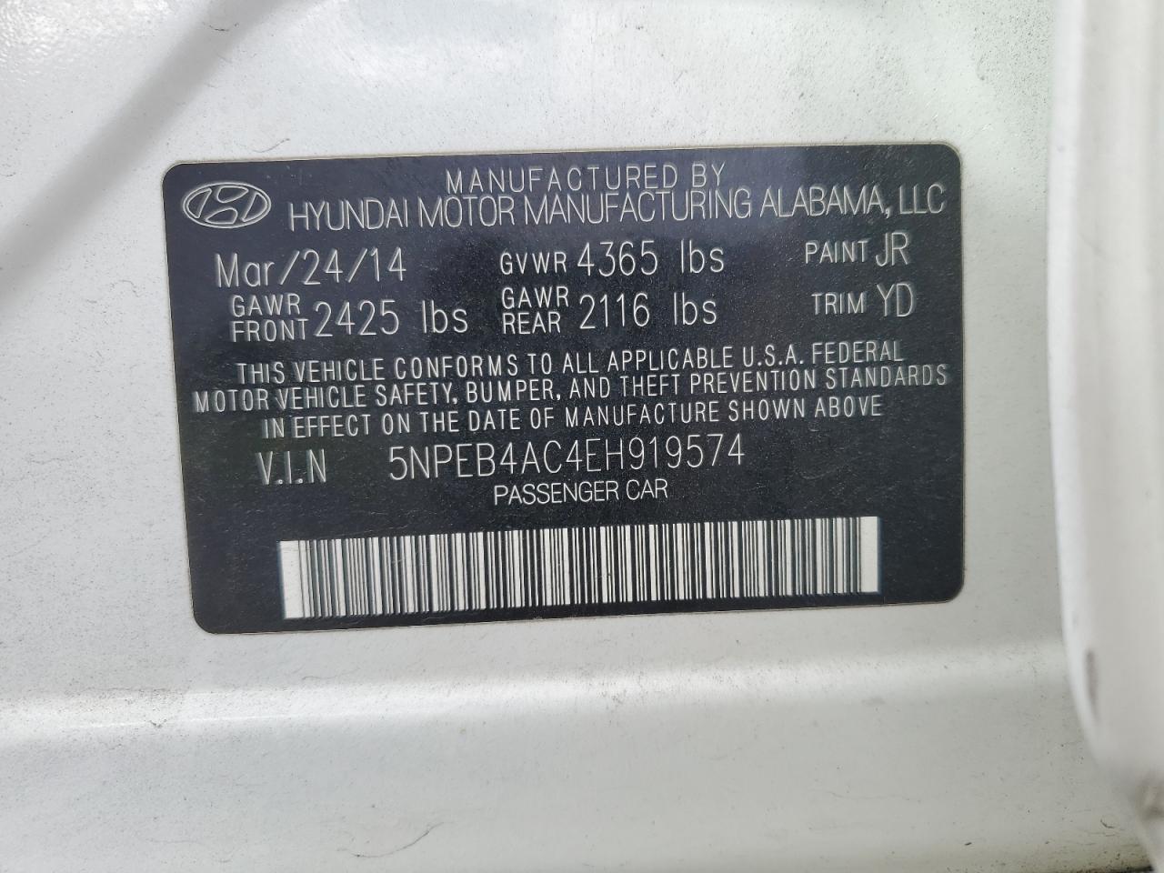 2014 Hyundai Sonata Gls VIN: 5NPEB4AC4EH919574 Lot: 76178674