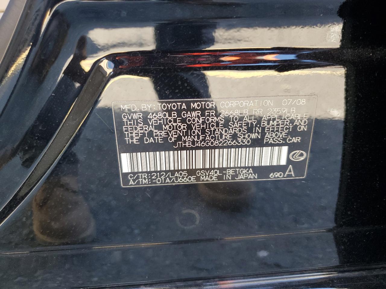 2008 Lexus Es 350 VIN: JTHBJ46G082266330 Lot: 76649054