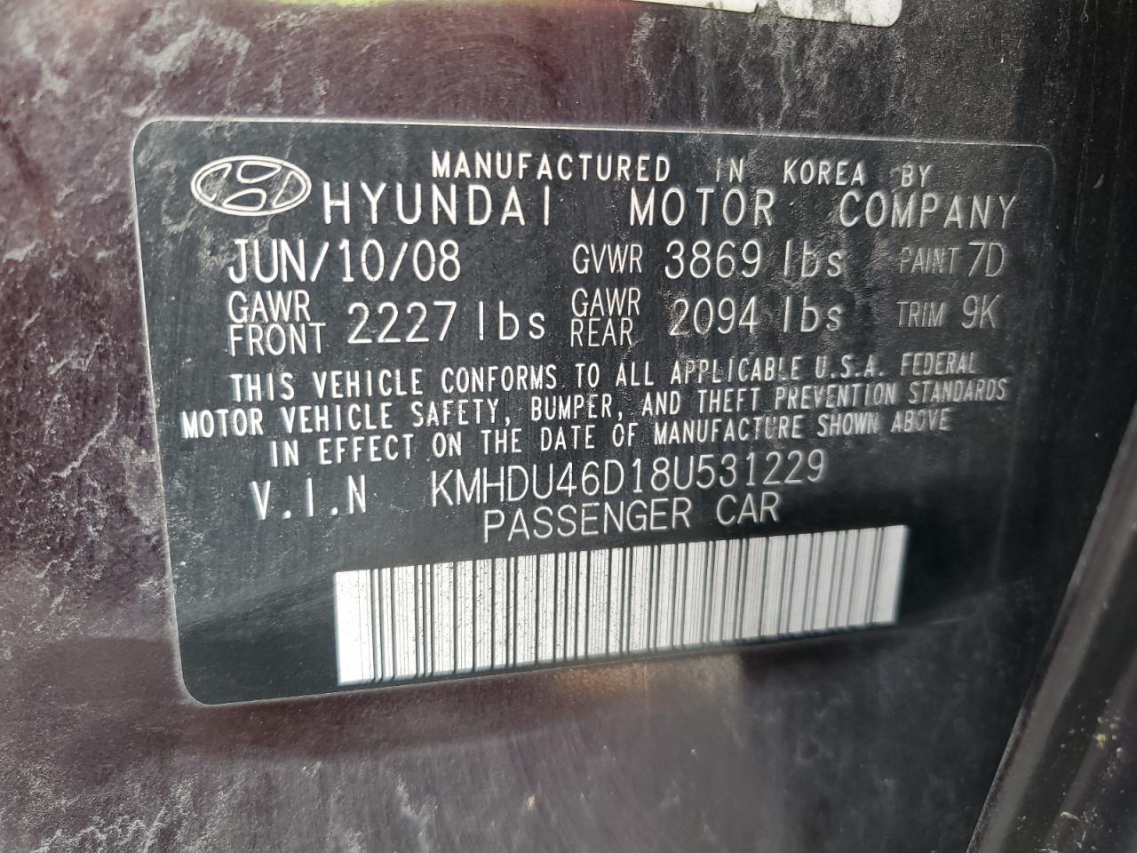 2008 Hyundai Elantra Gls VIN: KMHDU46D18U531229 Lot: 74804924