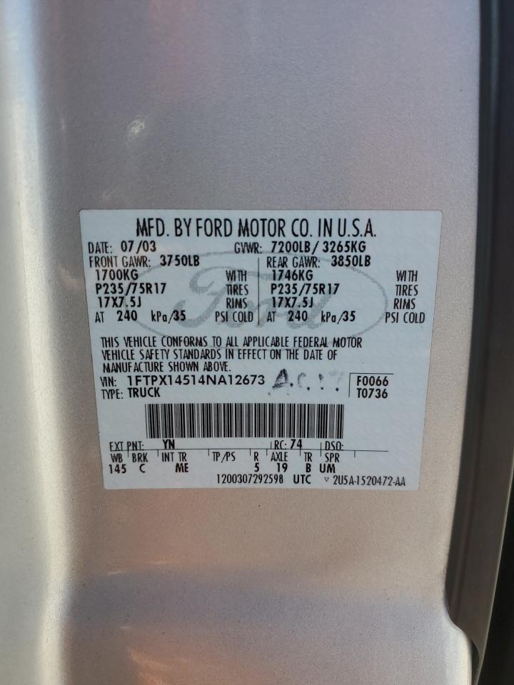 2004 Ford F150 VIN: 1FTPX14514NA12673 Lot: 74787844