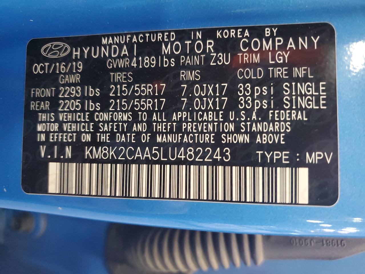 KM8K2CAA5LU482243 2020 Hyundai Kona Sel