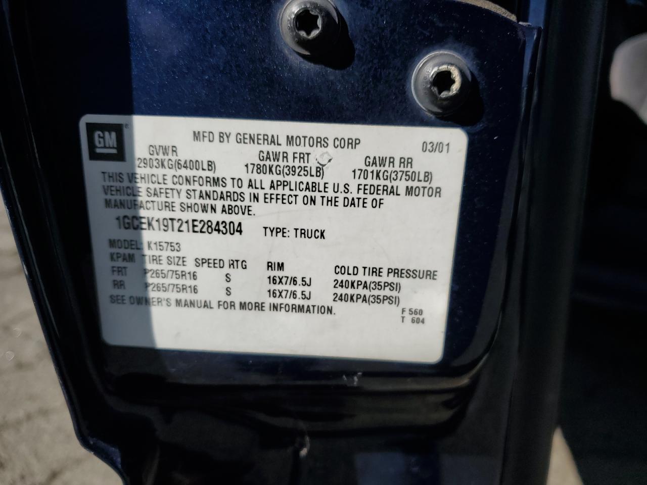 2001 Chevrolet Silverado K1500 VIN: 1GCEK19T21E284304 Lot: 74469114