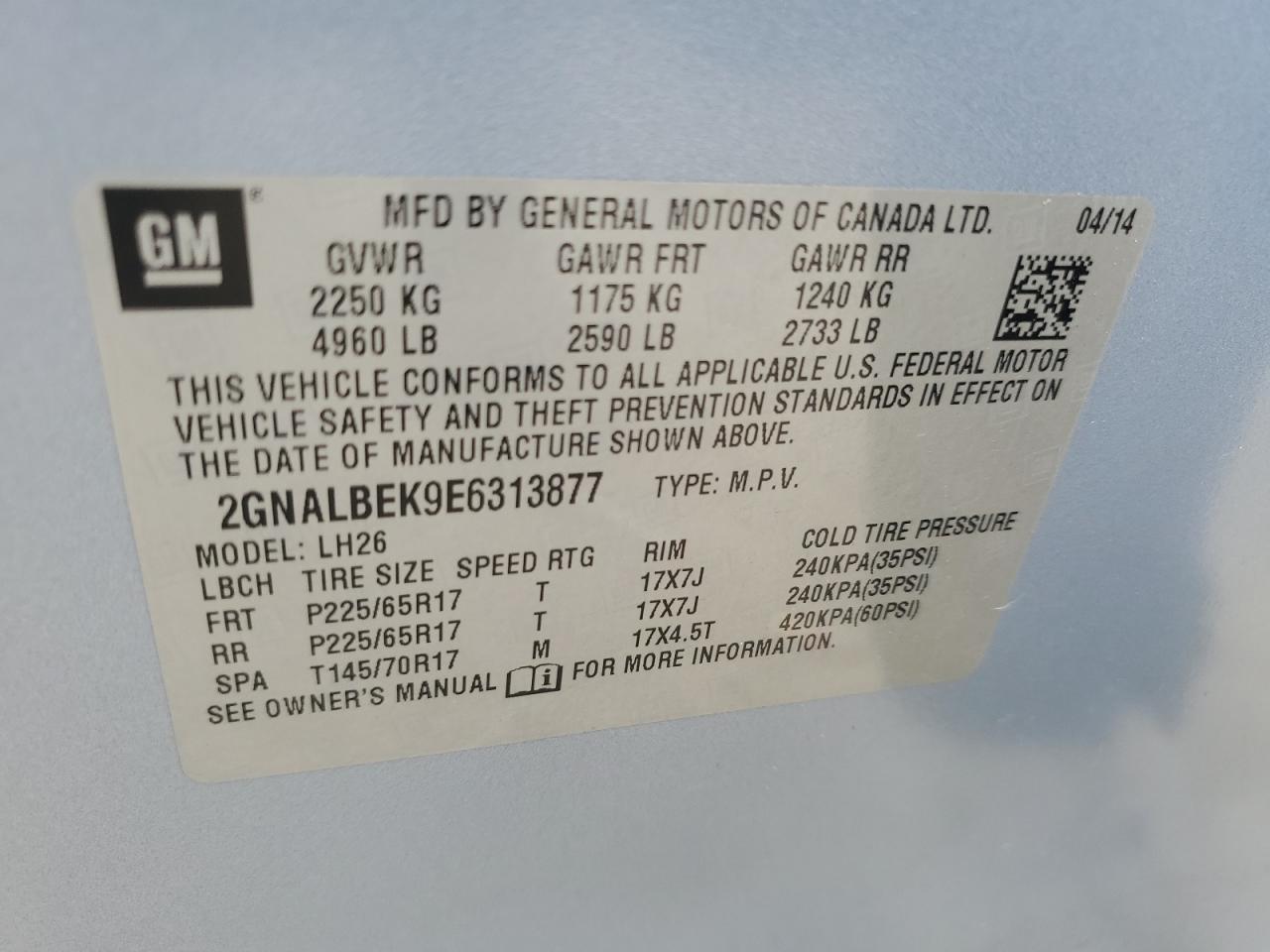 2014 Chevrolet Equinox Lt VIN: 2GNALBEK9E6313877 Lot: 50706585