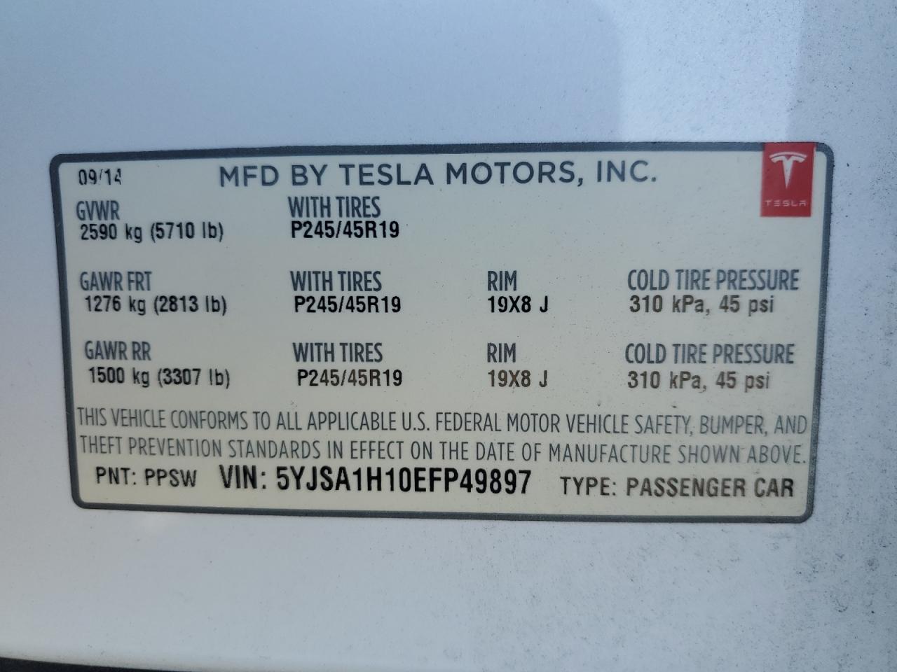 2014 Tesla Model S VIN: 5YJSA1H10EFP49897 Lot: 74795654