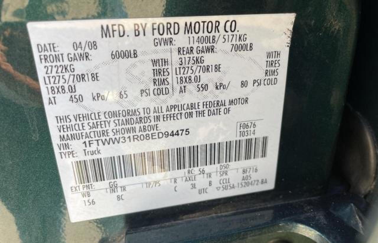 1FTWW31R08ED94475 2008 Ford F350 Srw Super Duty