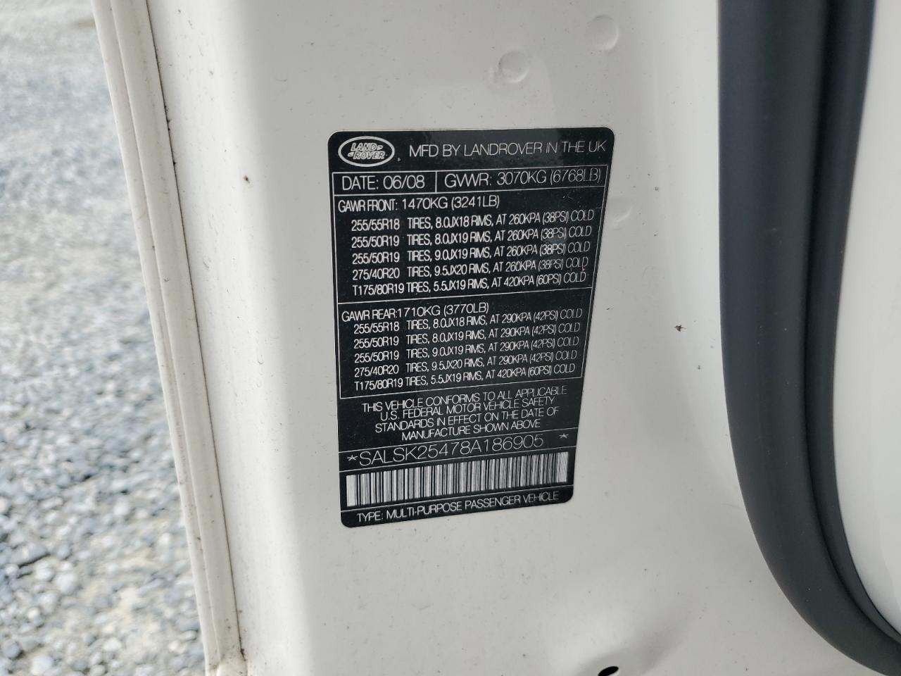 2008 Land Rover Range Rover Sport Hse VIN: SALSK25478A186905 Lot: 73366794