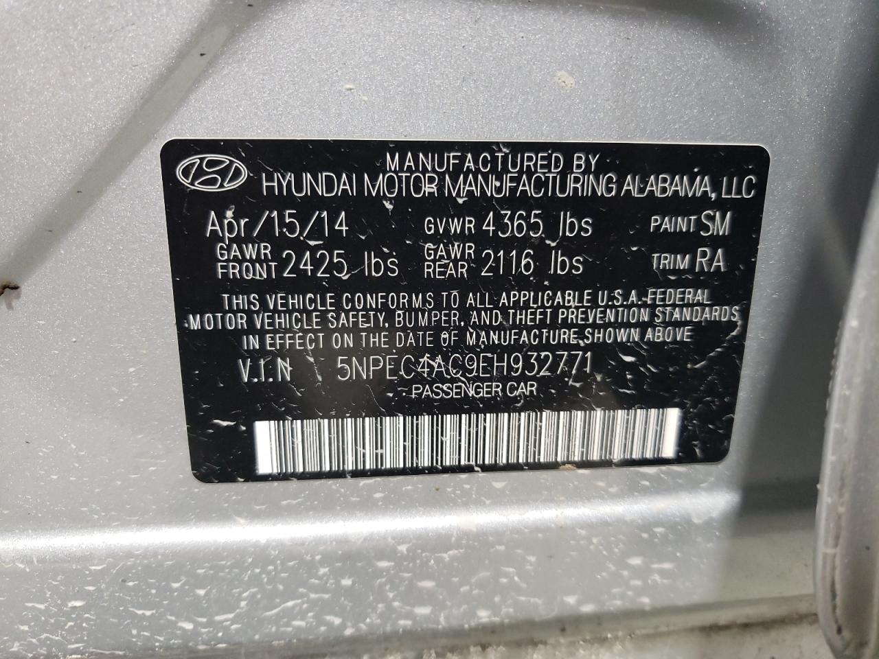 VIN 5NPEC4AC9EH932771 2014 HYUNDAI SONATA no.12