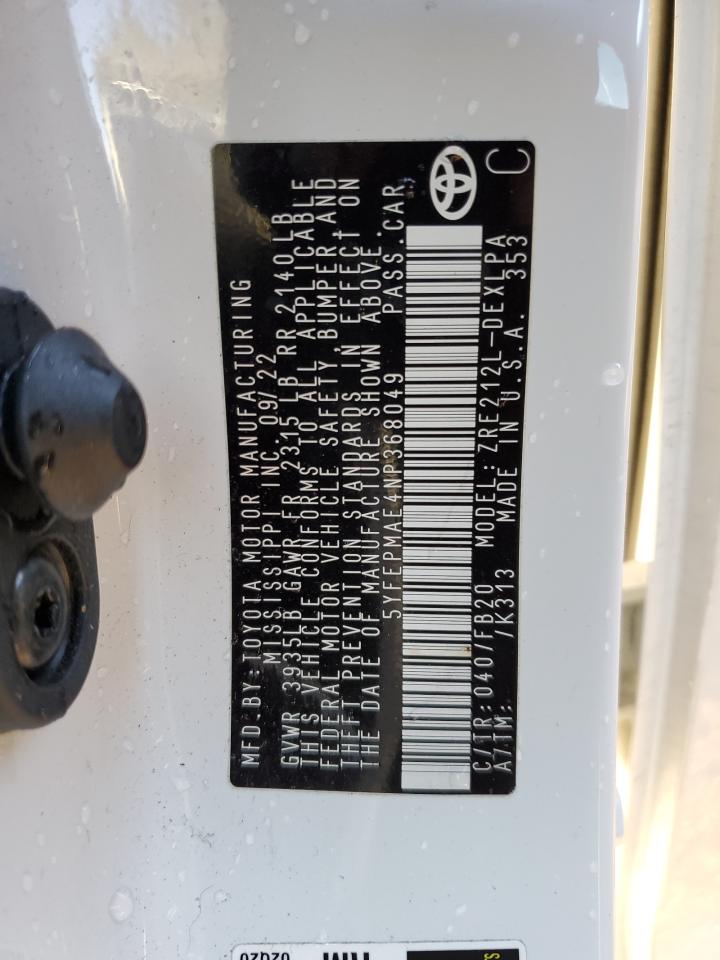 2022 Toyota Corolla Le VIN: 5YFEPMAE4NP368049 Lot: 74702554