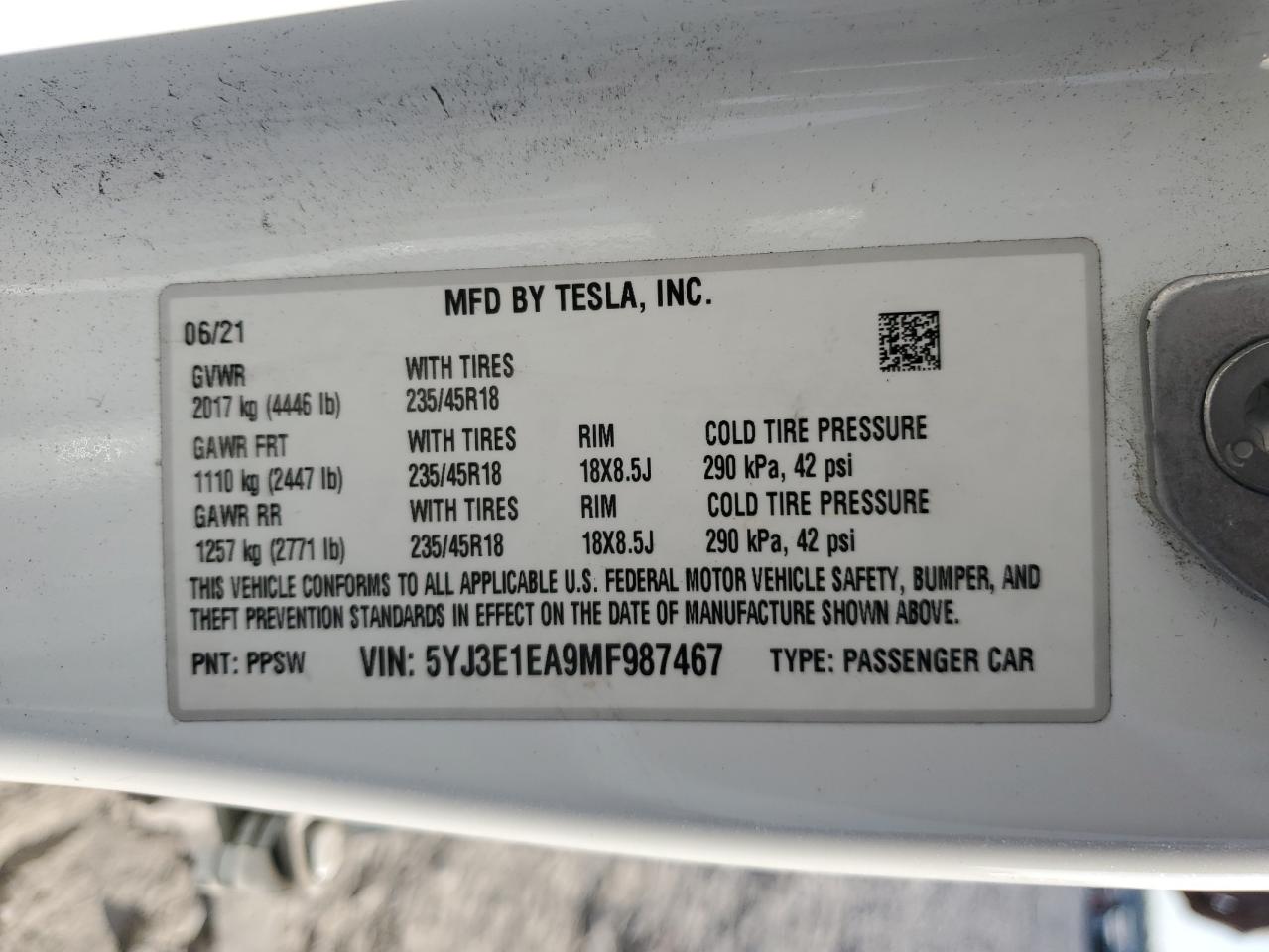 2021 Tesla Model 3 VIN: 5YJ3E1EA9MF987467 Lot: 75737174