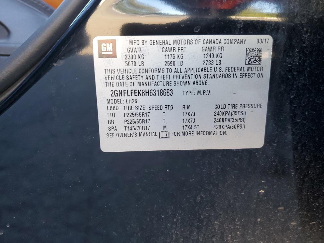 2GNFLFEK8H6318683 2017 Chevrolet Equinox Lt