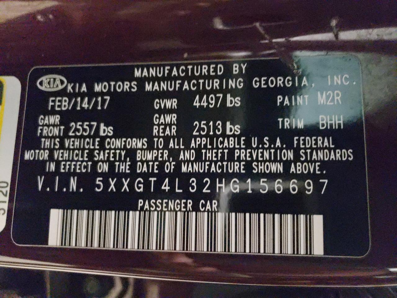 2017 Kia Optima Lx VIN: 5XXGT4L32HG156697 Lot: 75051754