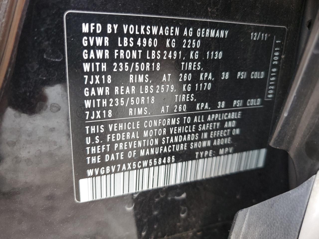 WVGBV7AX5CW558485 2012 Volkswagen Tiguan S