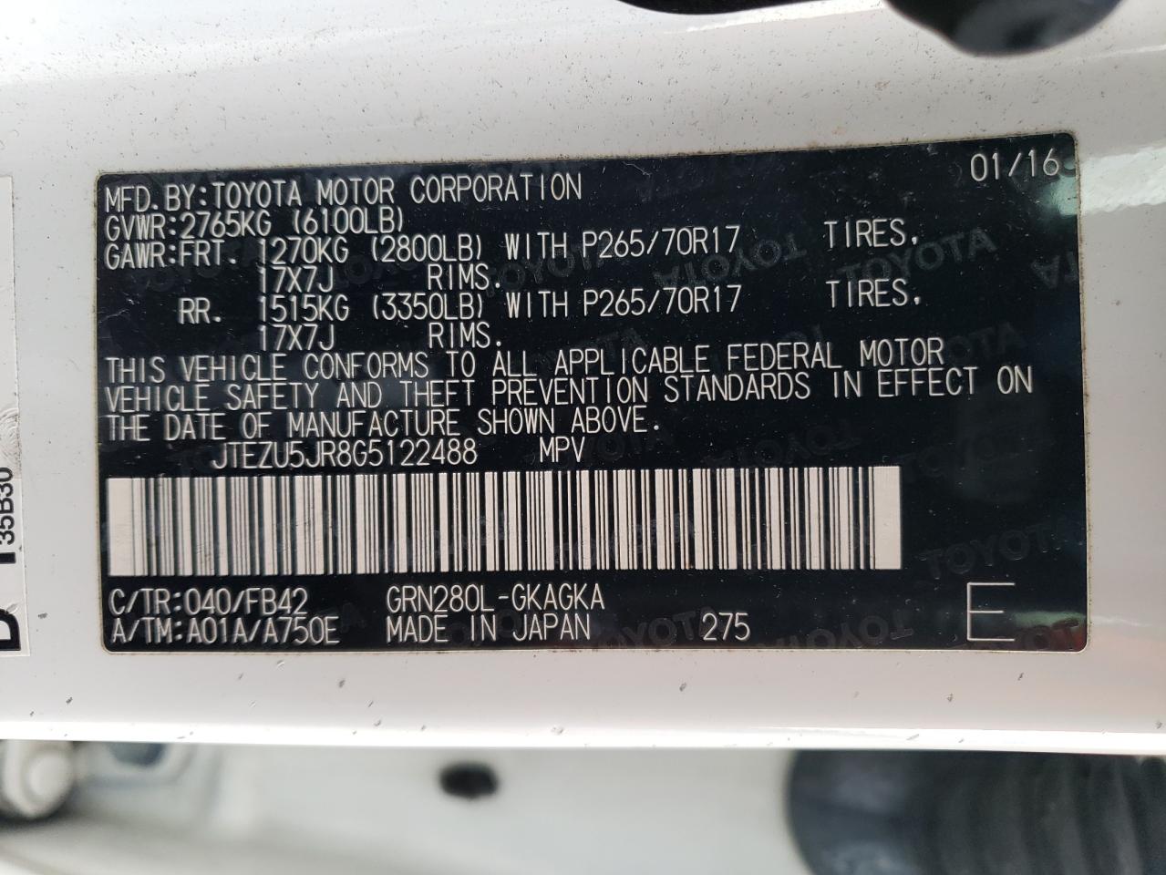 JTEZU5JR8G5122488 2016 Toyota 4Runner Sr5