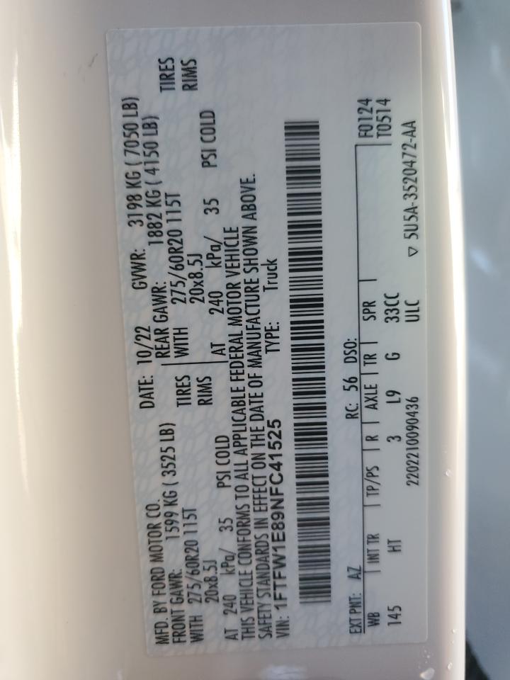 2022 Ford F150 Supercrew VIN: 1FTFW1E89NFC41525 Lot: 77626624