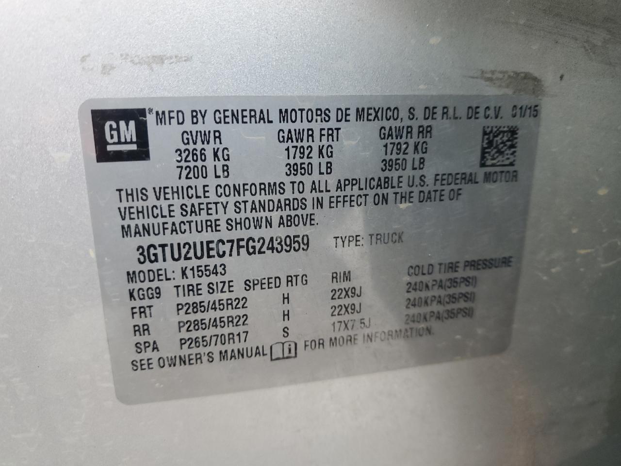 3GTU2UEC7FG243959 2015 GMC Sierra K1500 Sle