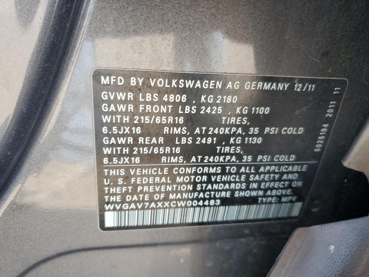 WVGAV7AXXCW004483 2012 Volkswagen Tiguan S