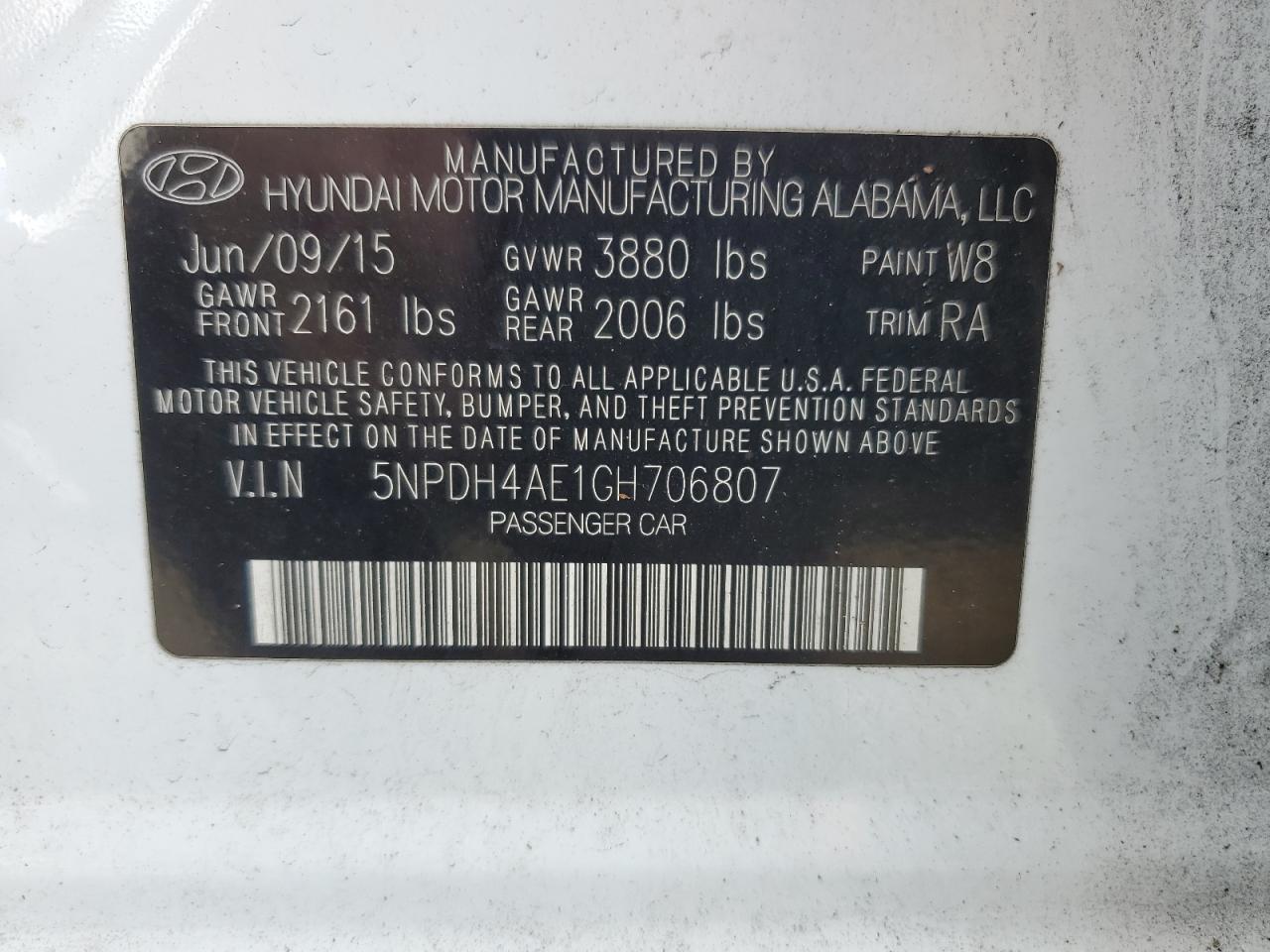 5NPDH4AE1GH706807 2016 Hyundai Elantra Se