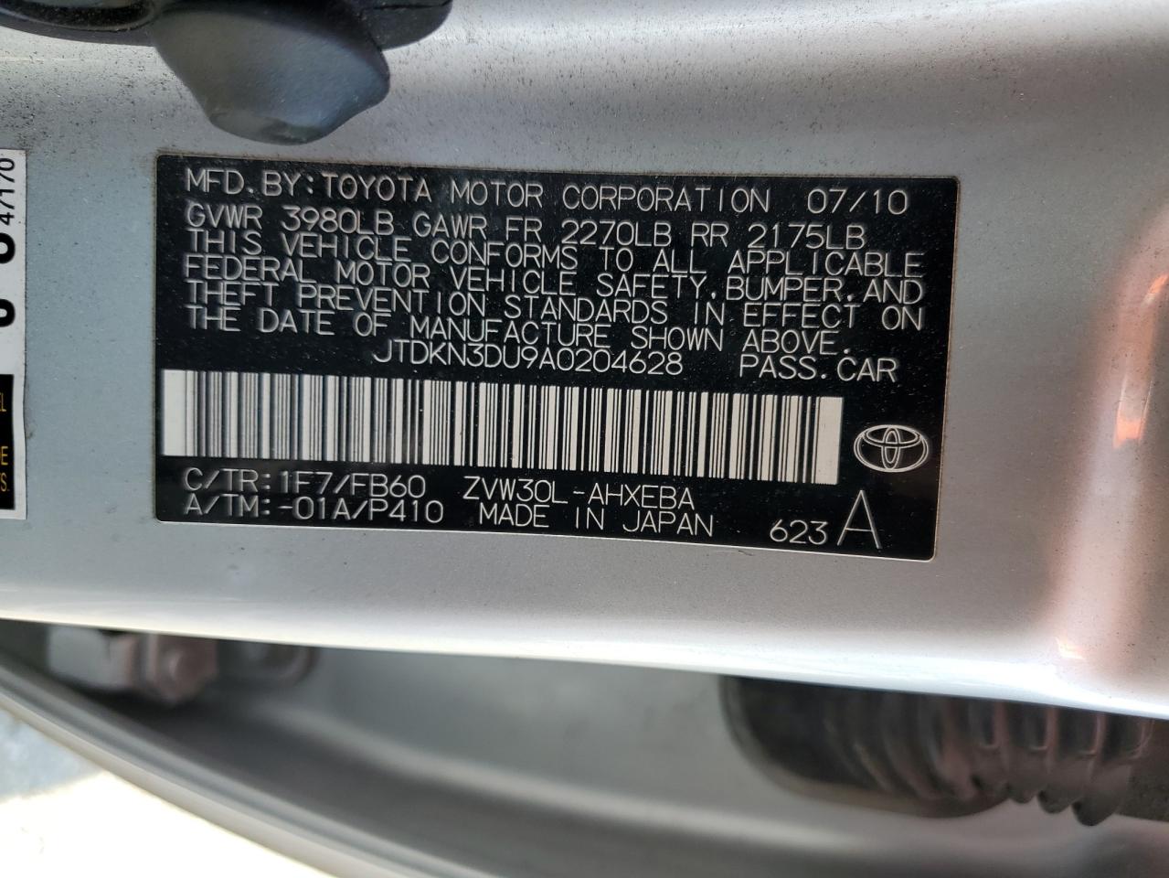 2010 Toyota Prius VIN: JTDKN3DU9A0204628 Lot: 75156614