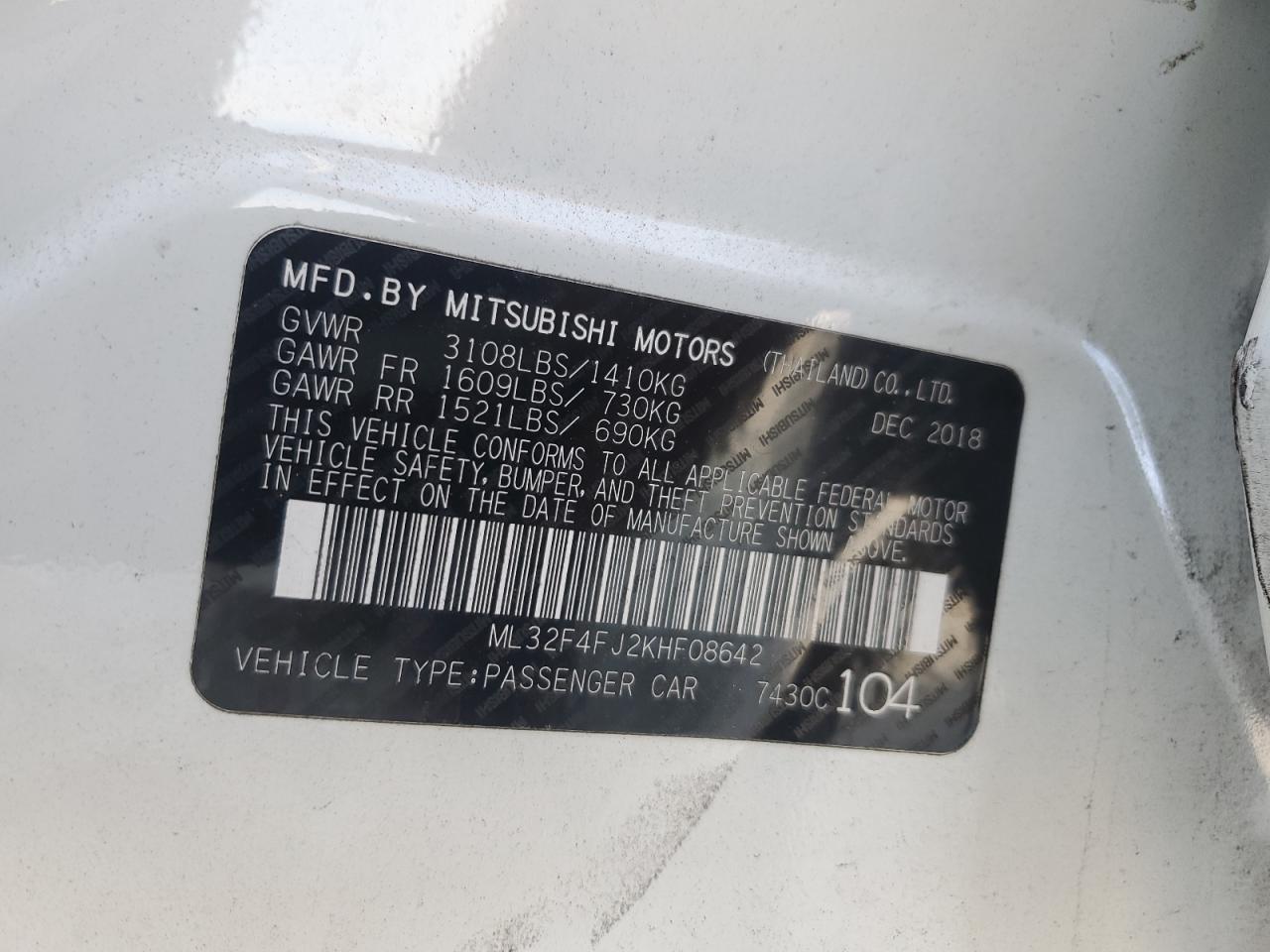 2019 Mitsubishi Mirage G4 Se VIN: ML32F4FJ2KHF08642 Lot: 74317394