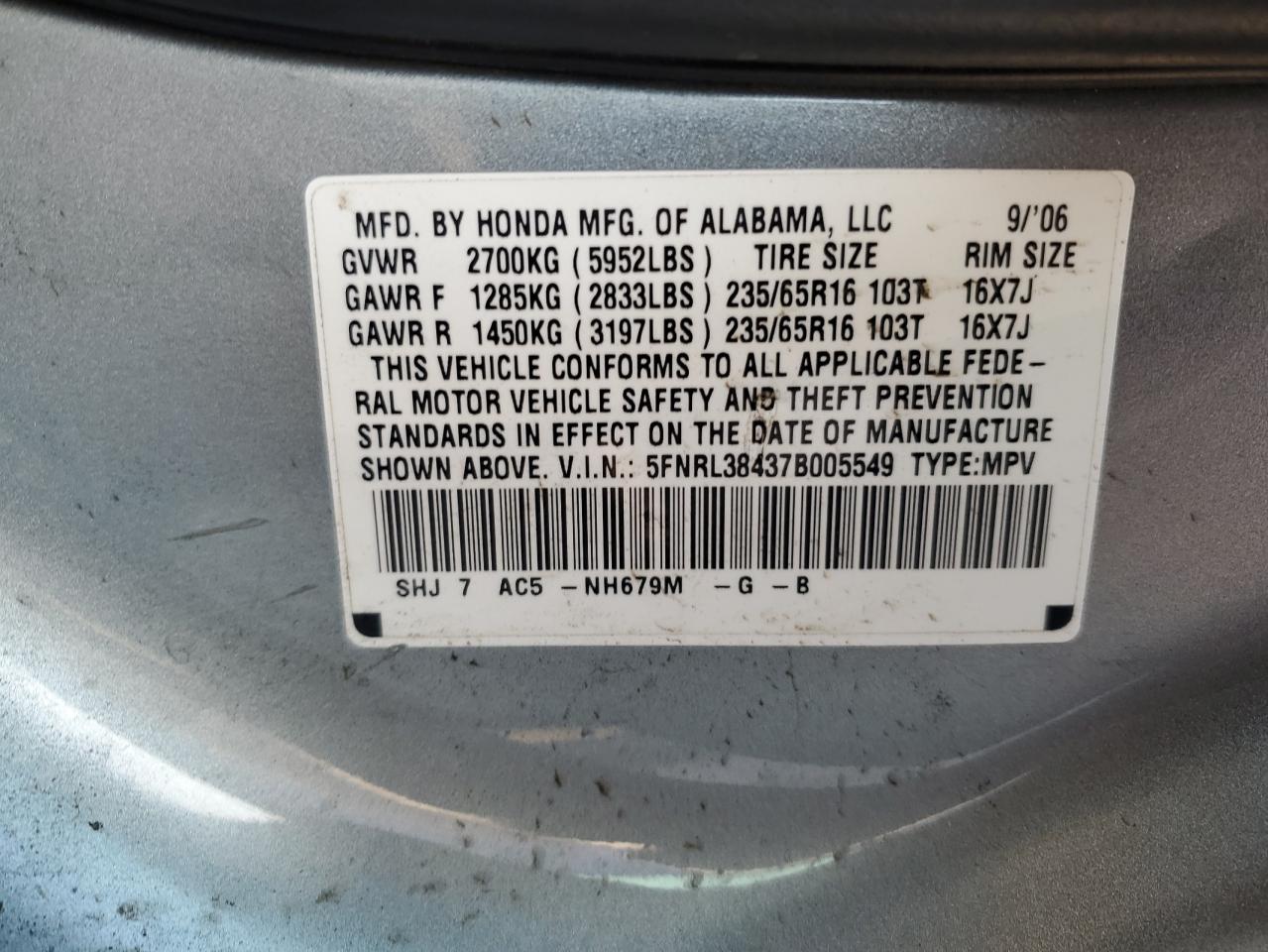 5FNRL38437B005549 2007 Honda Odyssey Ex