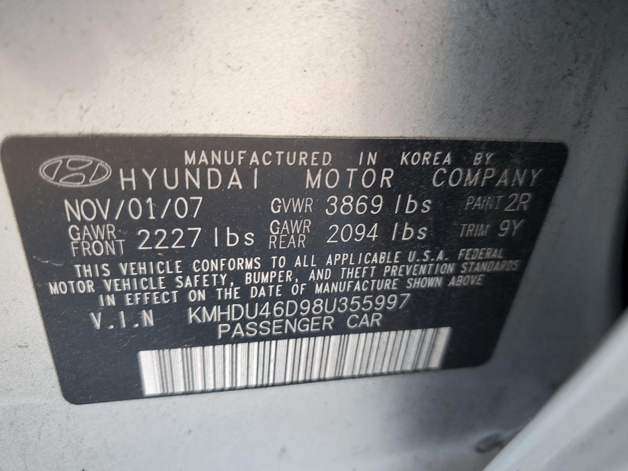 2008 Hyundai Elantra Gls VIN: KMHDU46D98U355997 Lot: 76546094