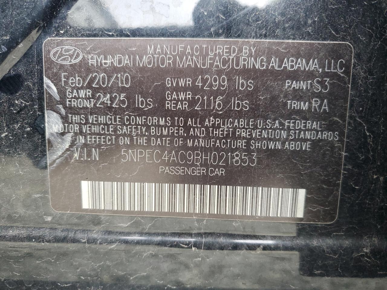 5NPEC4AC9BH021853 2011 Hyundai Sonata Se