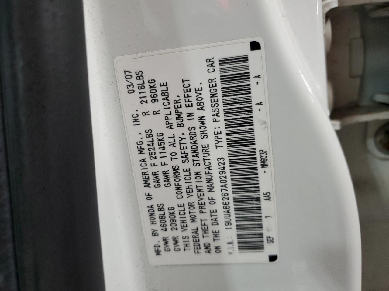 2007 Acura Tl VIN: 19UUA66267A029423 Lot: 78076304