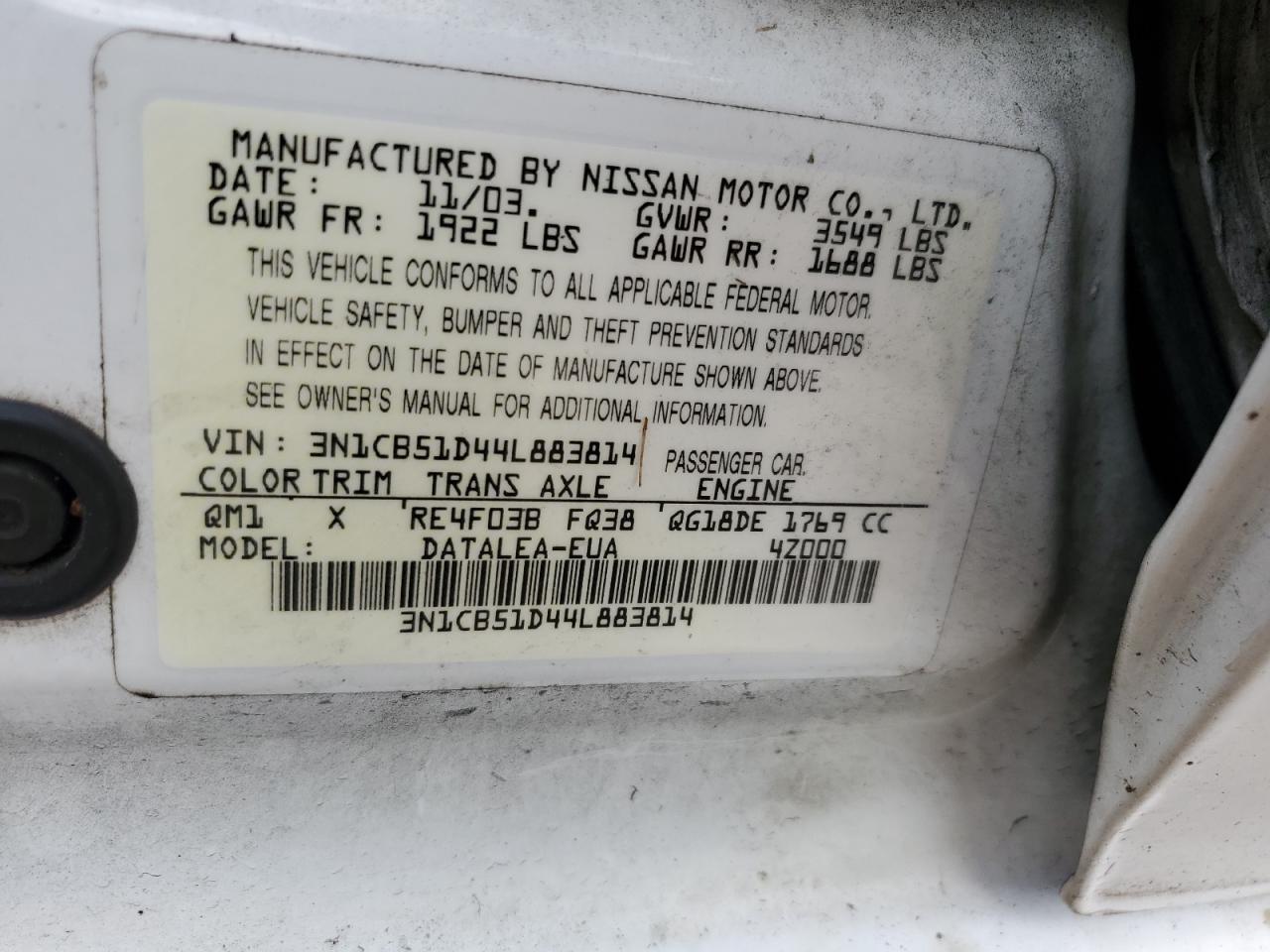 2004 Nissan Sentra 1.8 VIN: 3N1CB51D44L883814 Lot: 74444274