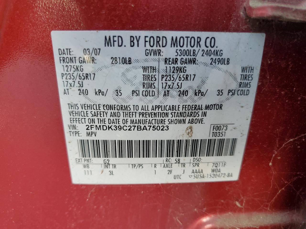 2007 Ford Edge Sel Plus VIN: 2FMDK39C27BA75023 Lot: 76179234