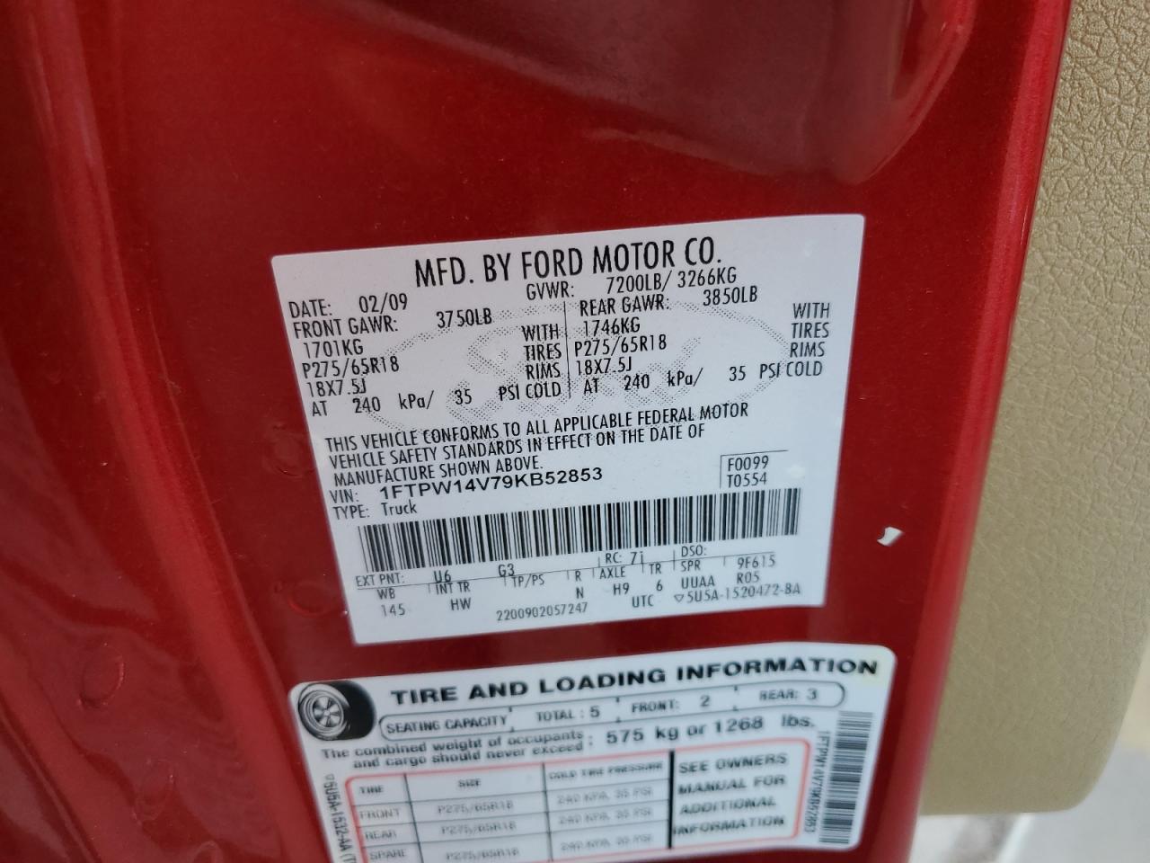 2009 Ford F150 Supercrew VIN: 1FTPW14V79KB52853 Lot: 73517814