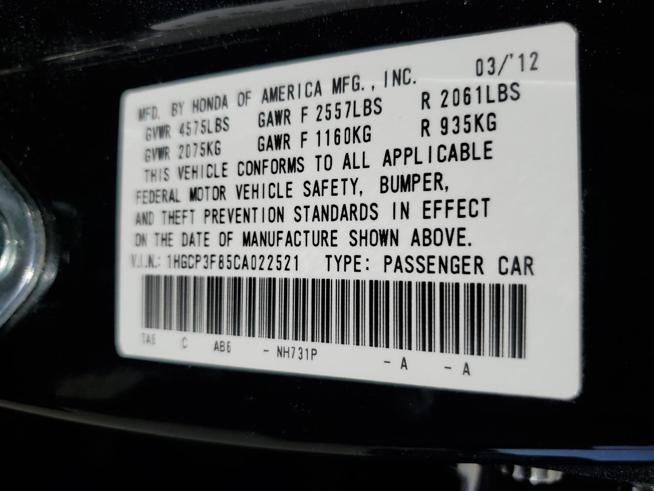 1HGCP3F85CA022521 2012 Honda Accord Exl