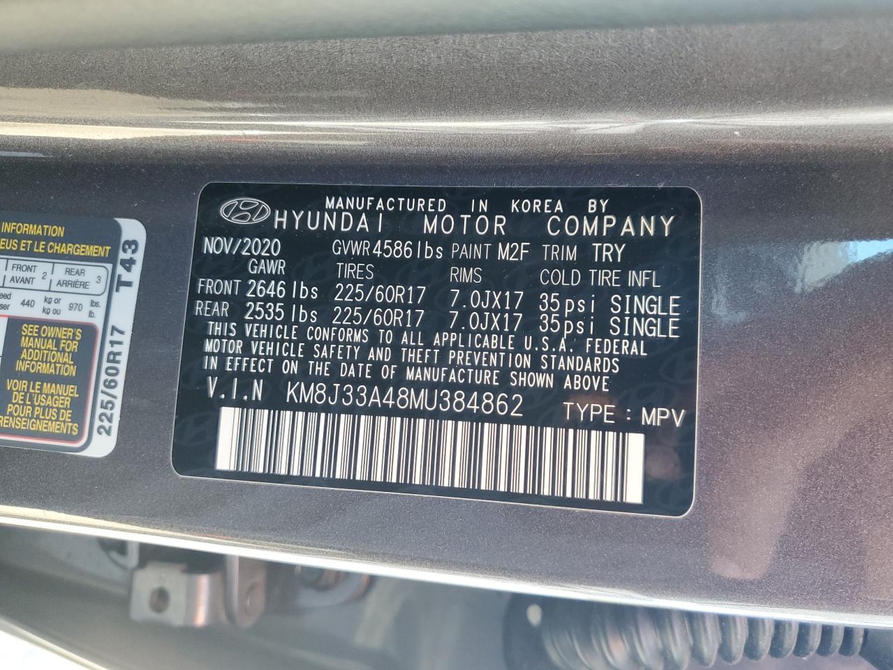 2021 Hyundai Tucson Limited VIN: KM8J33A48MU384862 Lot: 77260414