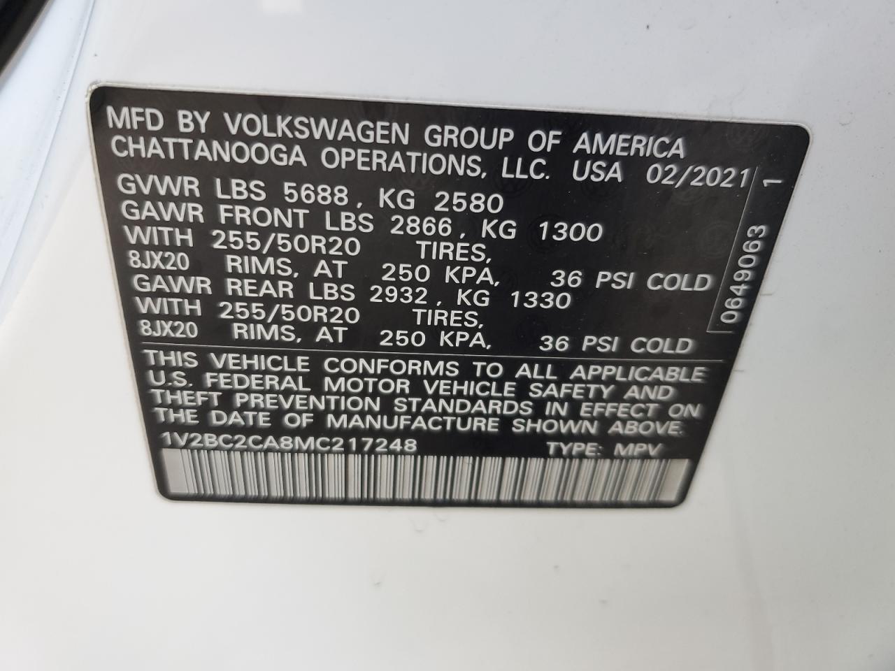 2021 Volkswagen Atlas Cross Sport Sel VIN: 1V2BC2CA8MC217248 Lot: 73430024