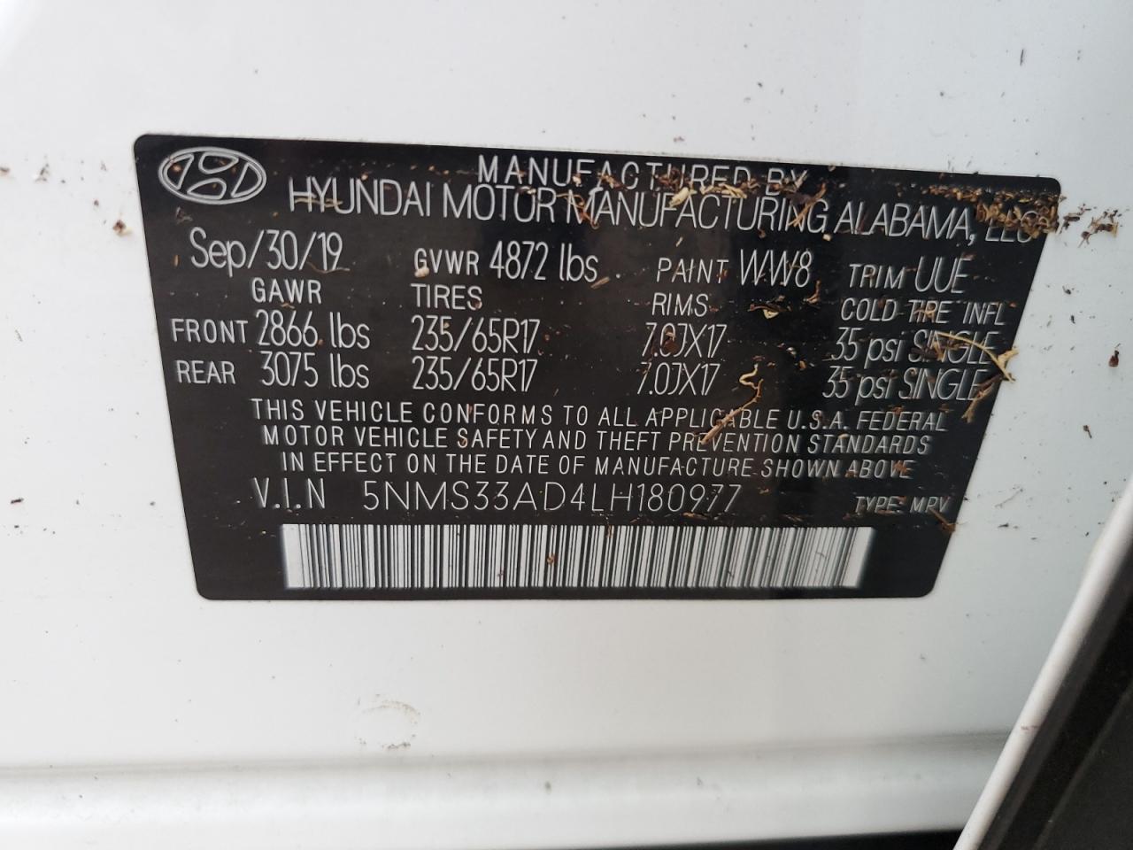 5NMS33AD4LH180977 2020 Hyundai Santa Fe Sel