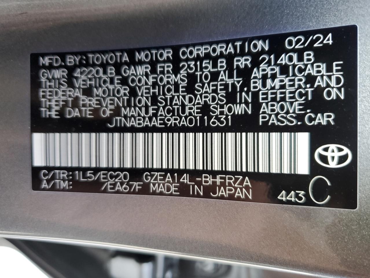 2024 Toyota Gr Corolla Core VIN: JTNABAAE9RA011631 Lot: 77749884