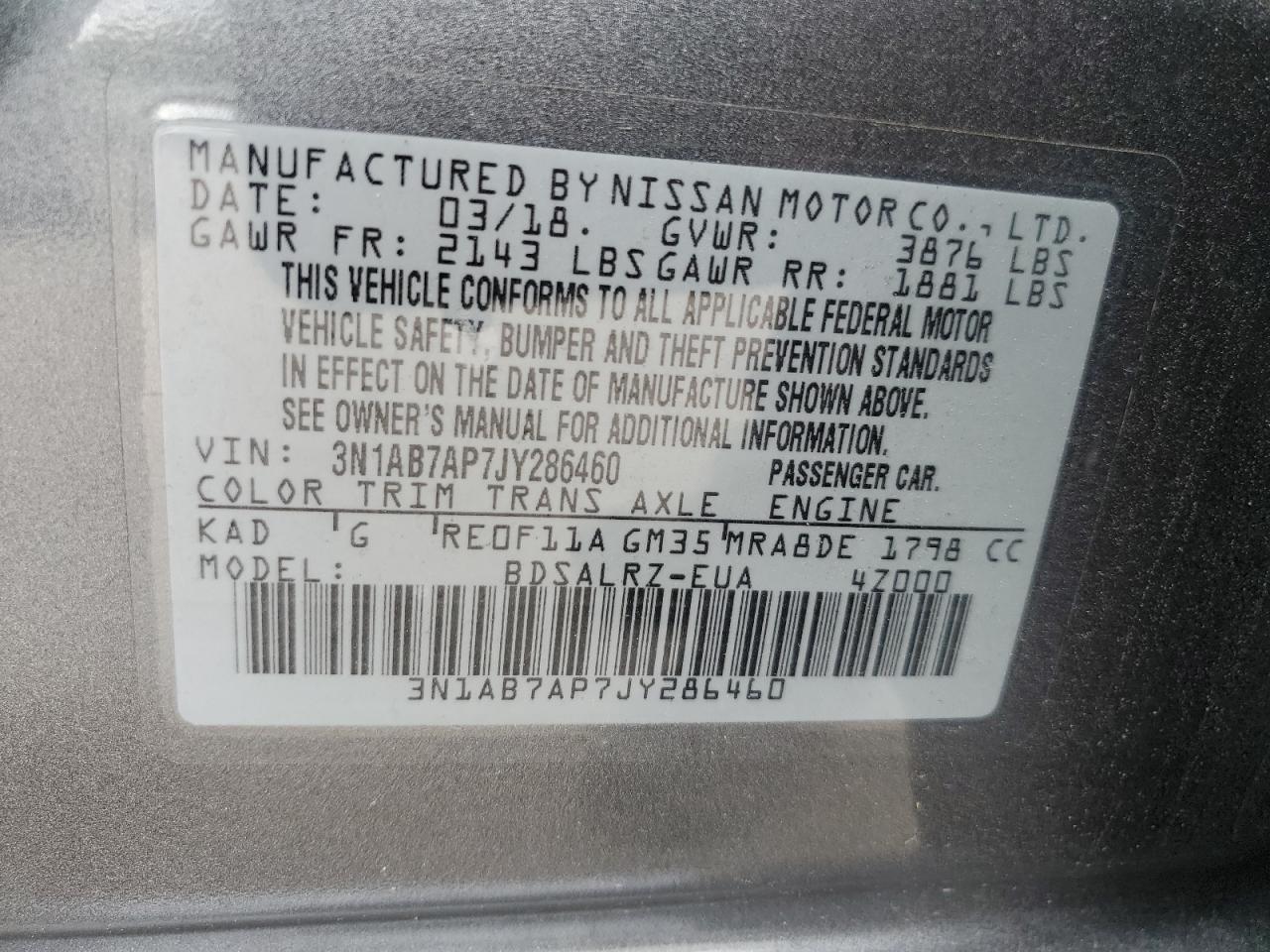 3N1AB7AP7JY286460 2018 Nissan Sentra S