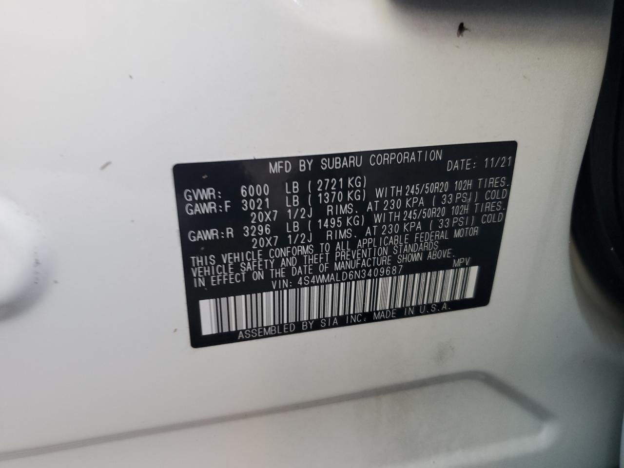 4S4WMALD6N3409687 2022 Subaru Ascent Limited