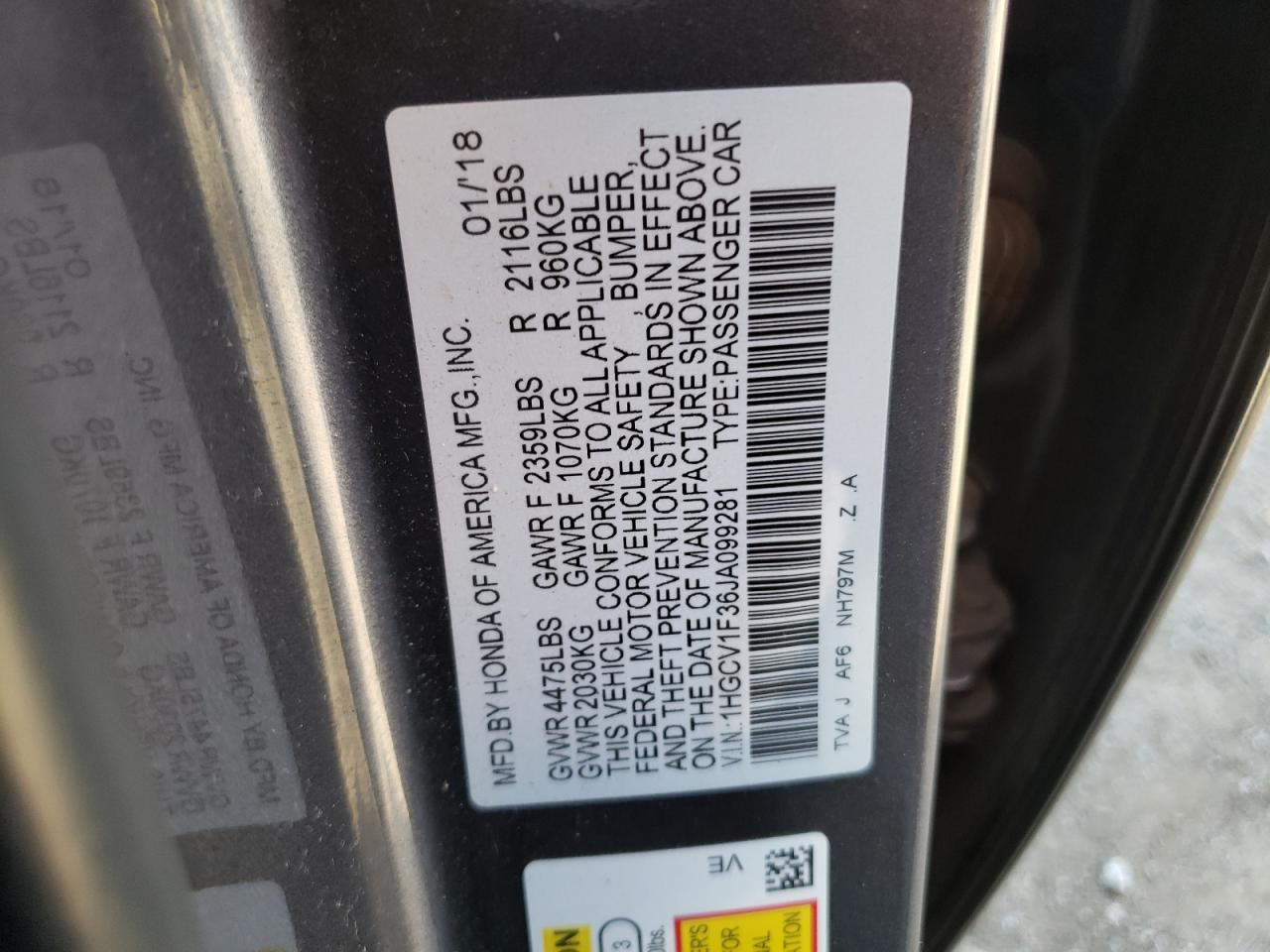 VIN 1HGCV1F36JA099281 2018 HONDA ACCORD no.12