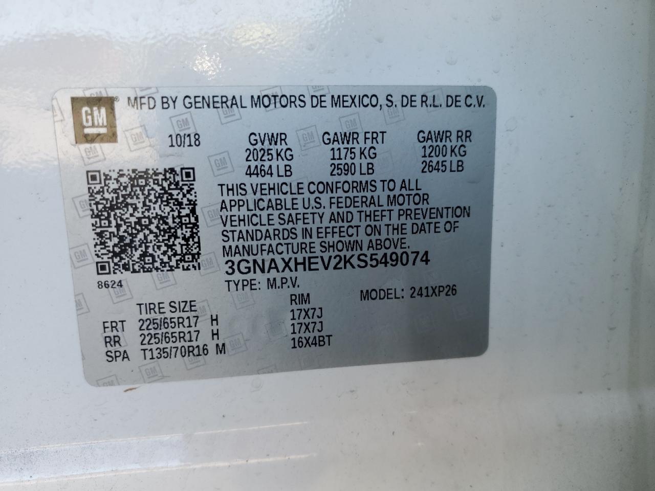 3GNAXHEV2KS549074 2019 Chevrolet Equinox Ls