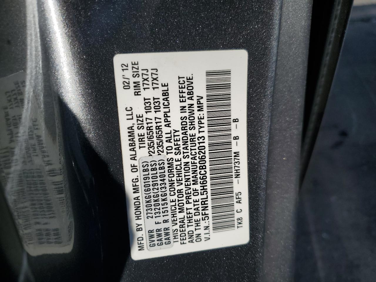 5FNRL5H66CB062013 2012 Honda Odyssey Exl