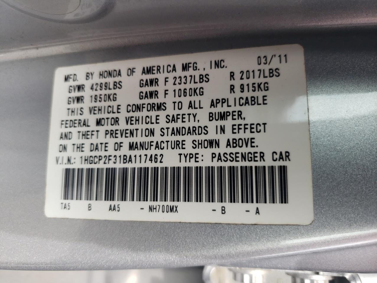 1HGCP2F31BA117462 2011 Honda Accord Lx