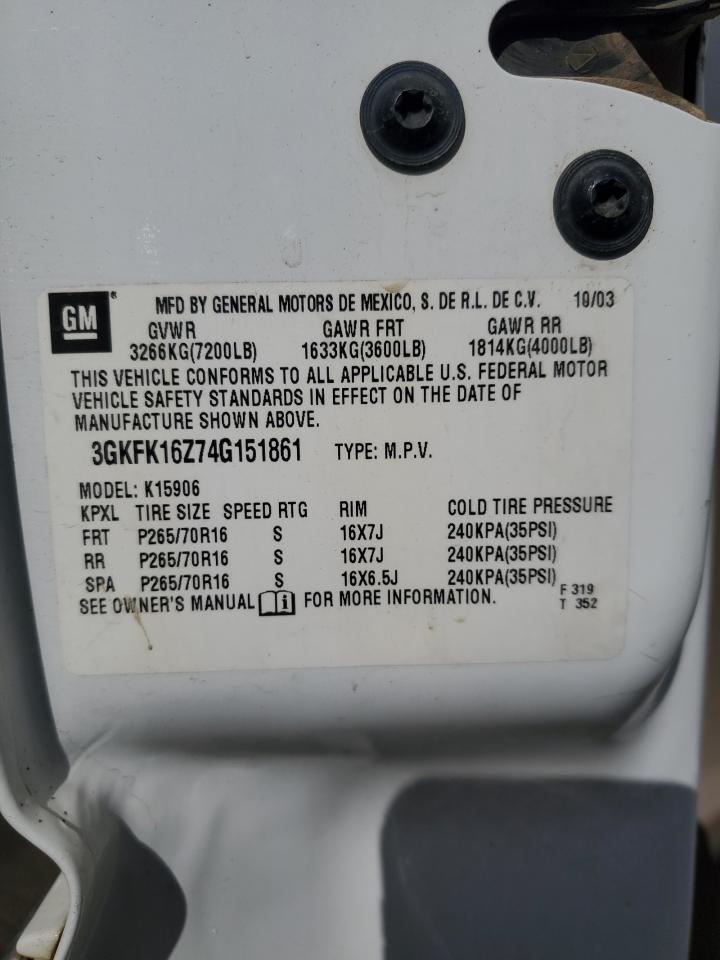 2004 GMC Yukon Xl K1500 VIN: 3GKFK16Z74G151861 Lot: 76344264