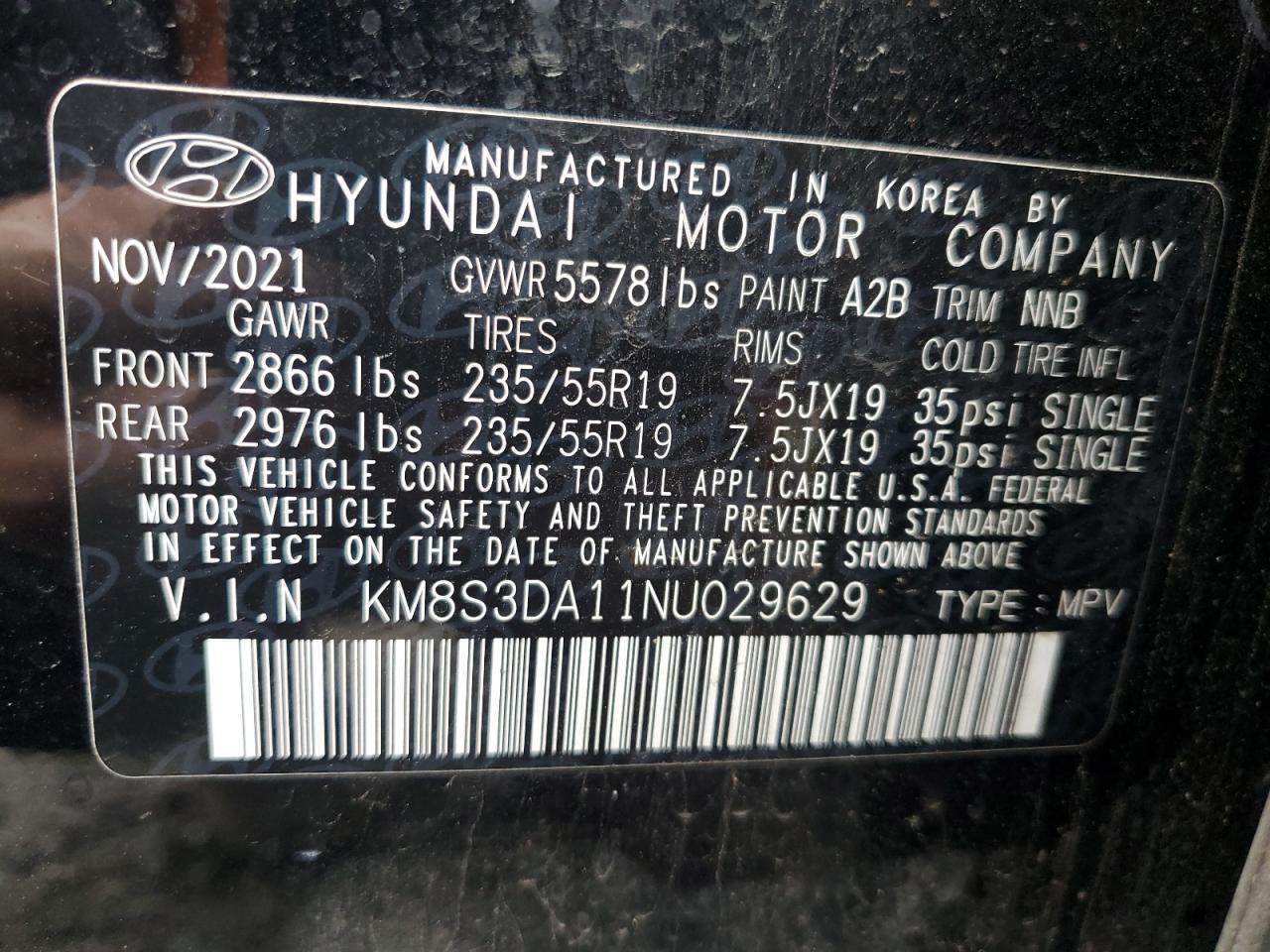 KM8S3DA11NU029629 2022 Hyundai Santa Fe Sel Premium