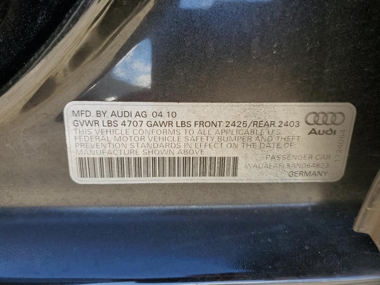 2010 Audi A4 Premium VIN: WAUAFAFL5AN064823 Lot: 75983854